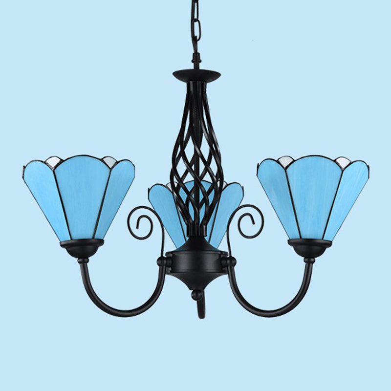 Lustre floral bleu clair Light suspension de suspension de plafond noir méditerranéen pour le salon