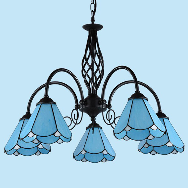 Blue Glass Floral Chandelier Light Mediterranean Black Ceiling Suspension Lamp for Living Room