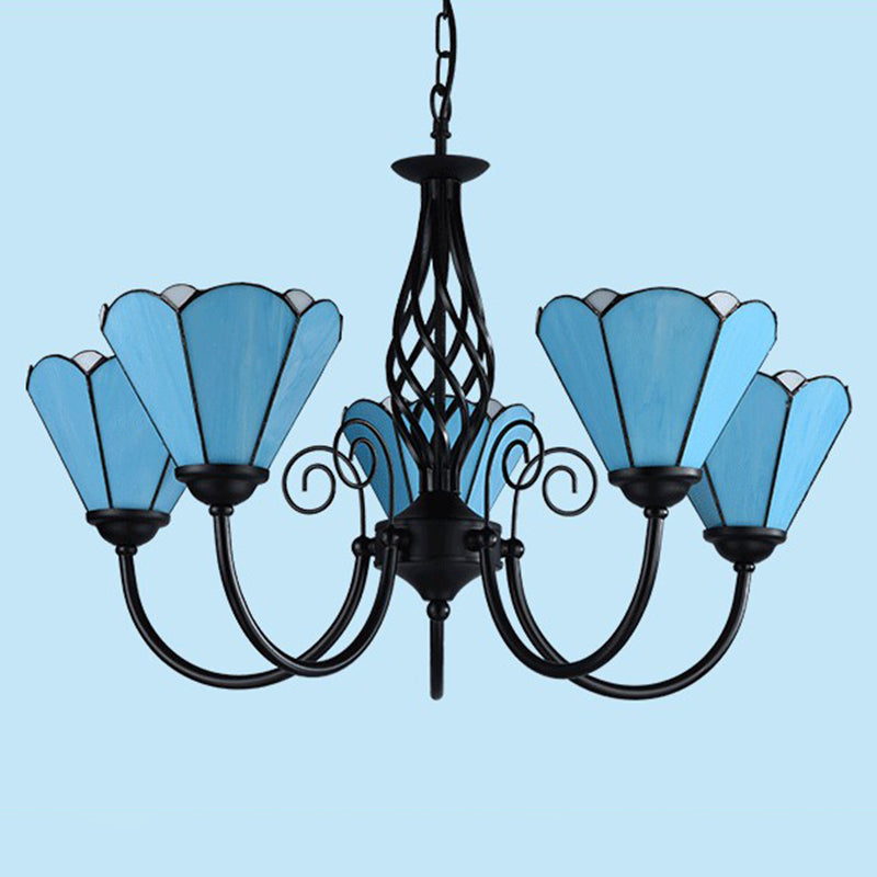 Blue Glass Floral Chandelier Light Mediterranean Black Ceiling Suspension Lamp for Living Room