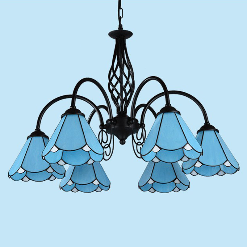 Blue Glass Floral Chandelier Light Mediterranean Black Ceiling Suspension Lamp for Living Room