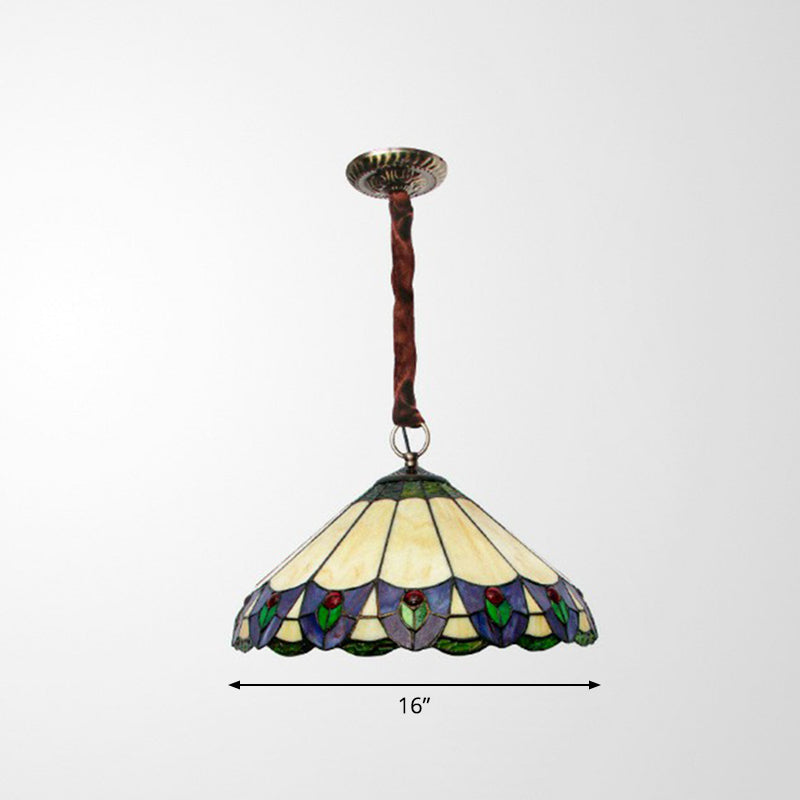 Mission Conical Pendant Chandelier 3-Light Stained Glass Hanging Light in Beige for Dining Room