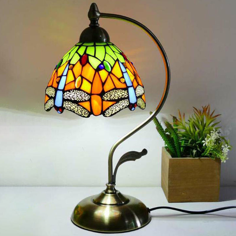 Tiffany Gooseneck Table Lamp 1 Head Metal Nightstand Light with Hand Cut Glass Shade