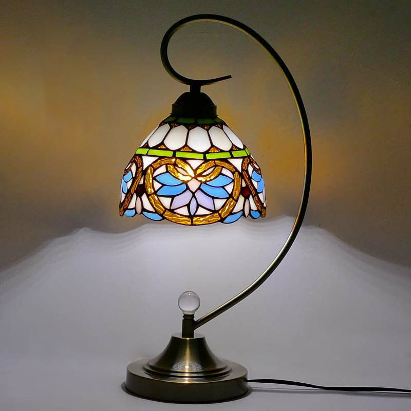 Tiffany Gooseneck Table Lamp 1 Head Metal Nightstand Light with Hand Cut Glass Shade