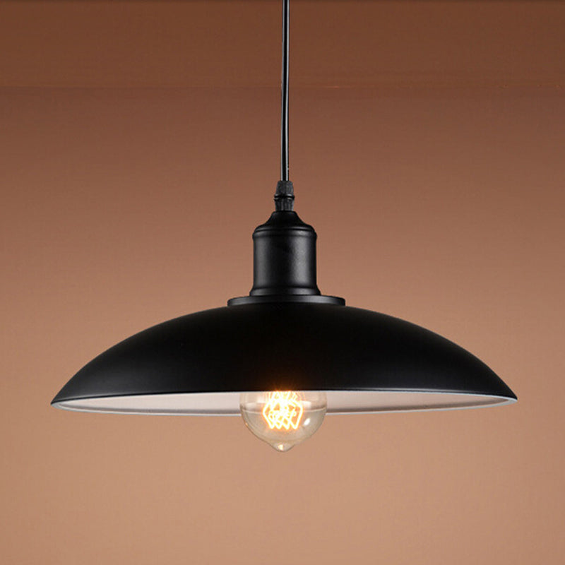 Industrial Domed Suspension Lighting Single-Bulb Metal Ceiling Hang Lamp in Black