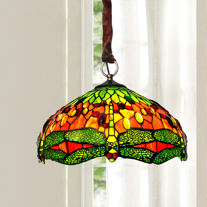 Green 3 Lights Suspension Lamp Tiffany Stained Glass Bowl Chandelier with Dragonfly Pattern and Gem-Like Cabochons