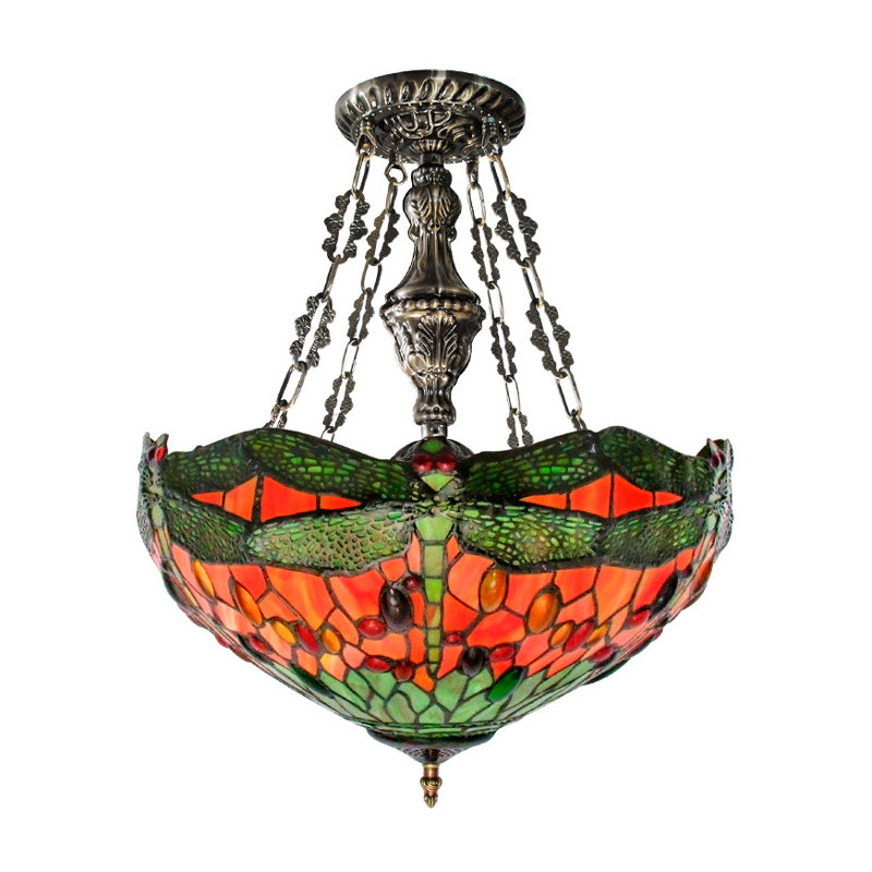 Green 3 Lights Suspension Lamp Tiffany Stained Glass Bowl Chandelier with Dragonfly Pattern and Gem-Like Cabochons