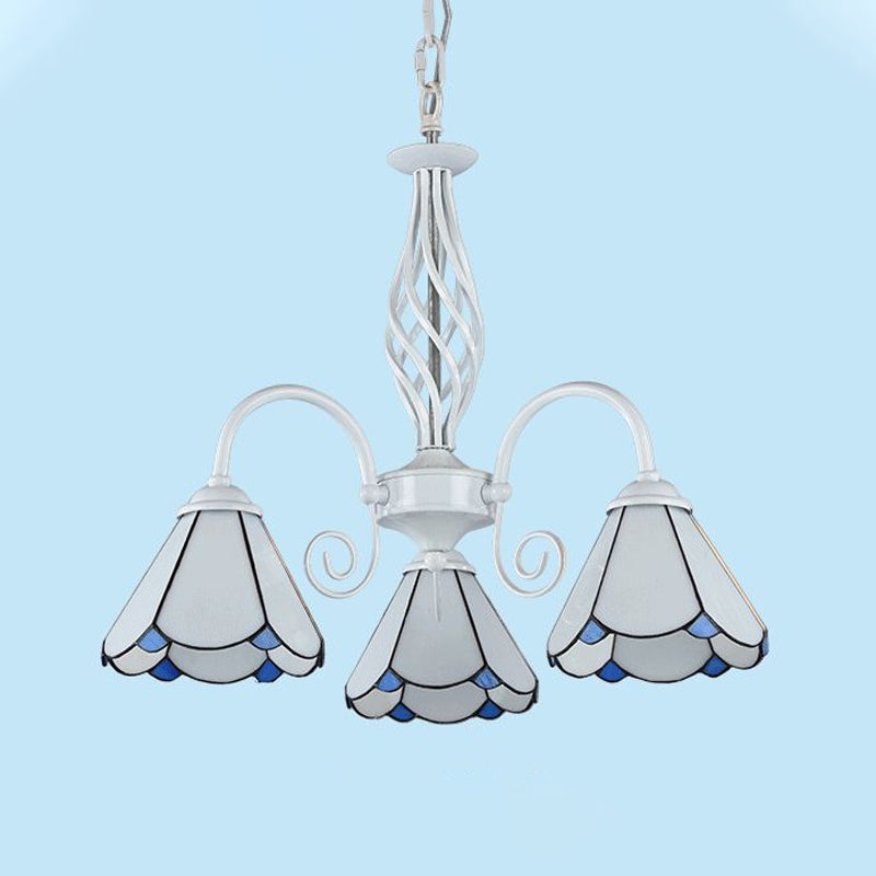 Living Room Chandelier Mediterranean Style White Suspension Lamp with Scalloped Cut Glass Shade