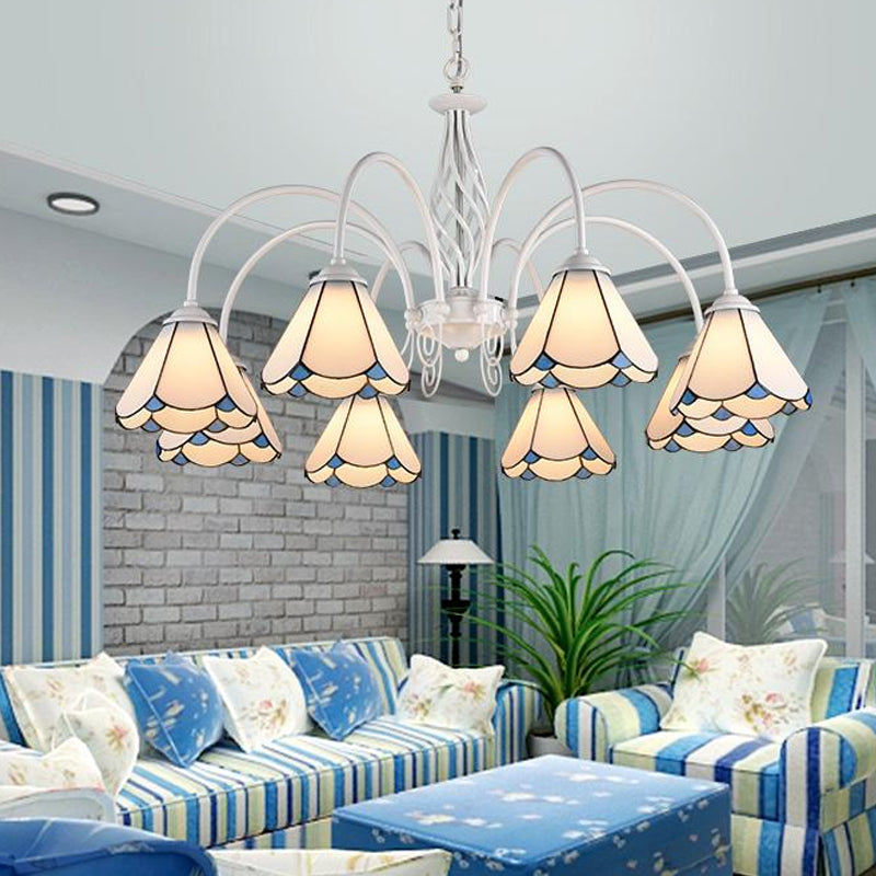 Living Room Chandelier Mediterranean Style White Suspension Lamp with Scalloped Cut Glass Shade