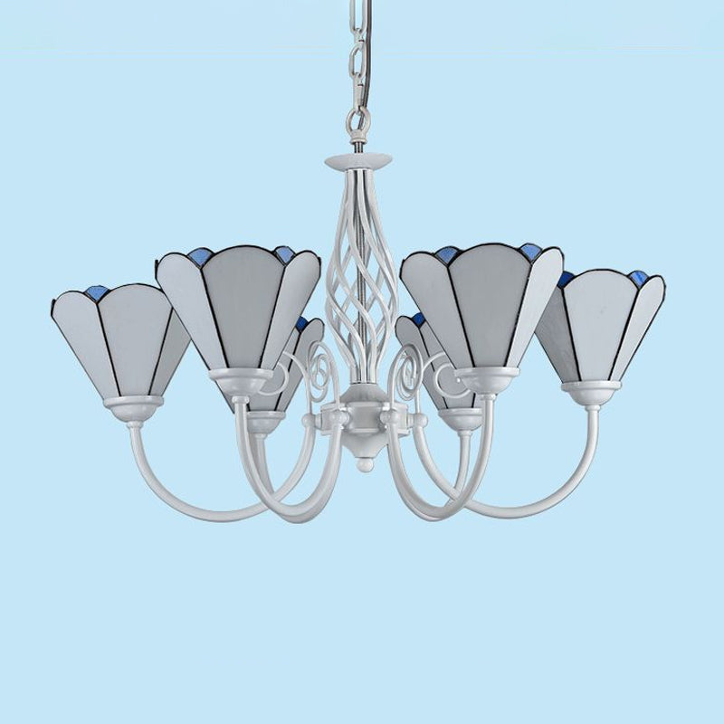 Living Room Chandelier Mediterranean Style White Suspension Lamp with Scalloped Cut Glass Shade