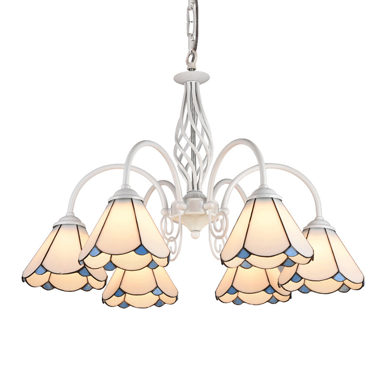 Living Room Chandelier Mediterranean Style White Suspension Lamp with Scalloped Cut Glass Shade