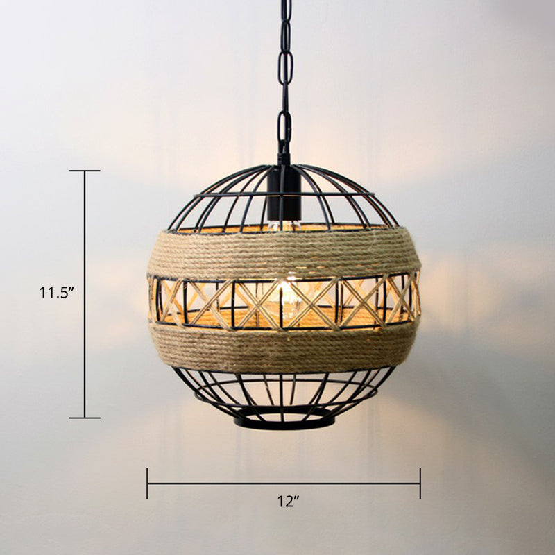 Hand-Wrapped Rope Caged Pendant Light Country Style 1 Bulb Restaurant Ceiling Lamp in Light Brown