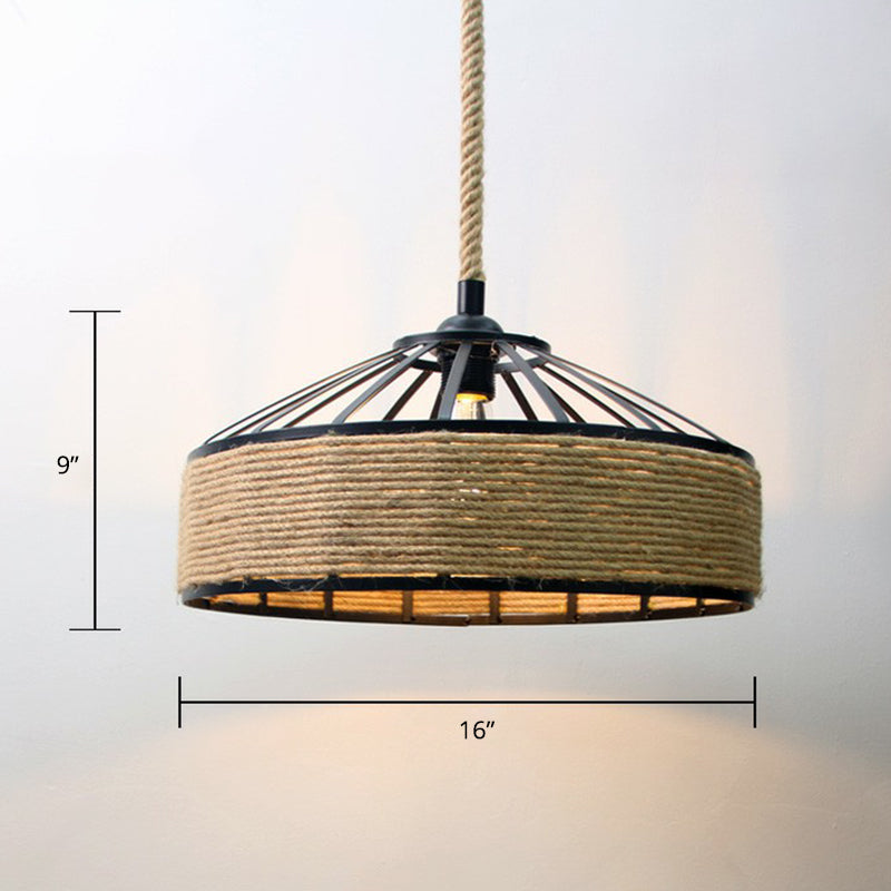 Hand-Wrapped Rope Caged Pendant Light Country Style 1 Bulb Restaurant Ceiling Lamp in Light Brown