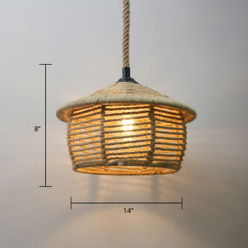 Hand-Wrapped Rope Caged Pendant Light Country Style 1 Bulb Restaurant Ceiling Lamp in Light Brown