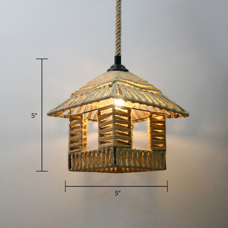 Hand-Wrapped Rope Caged Pendant Light Country Style 1 Bulb Restaurant Ceiling Lamp in Light Brown