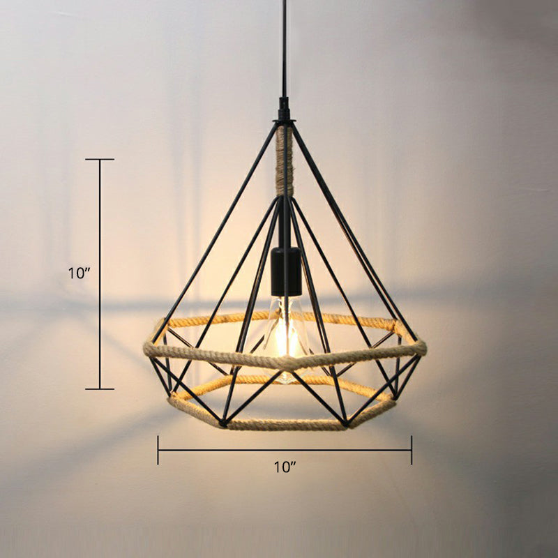 Hand-Wrapped Rope Caged Pendant Light Country Style 1 Bulb Restaurant Ceiling Lamp in Light Brown