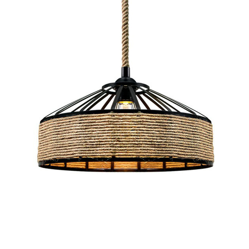 Hand-Wrapped Rope Caged Pendant Light Country Style 1 Bulb Restaurant Ceiling Lamp in Light Brown