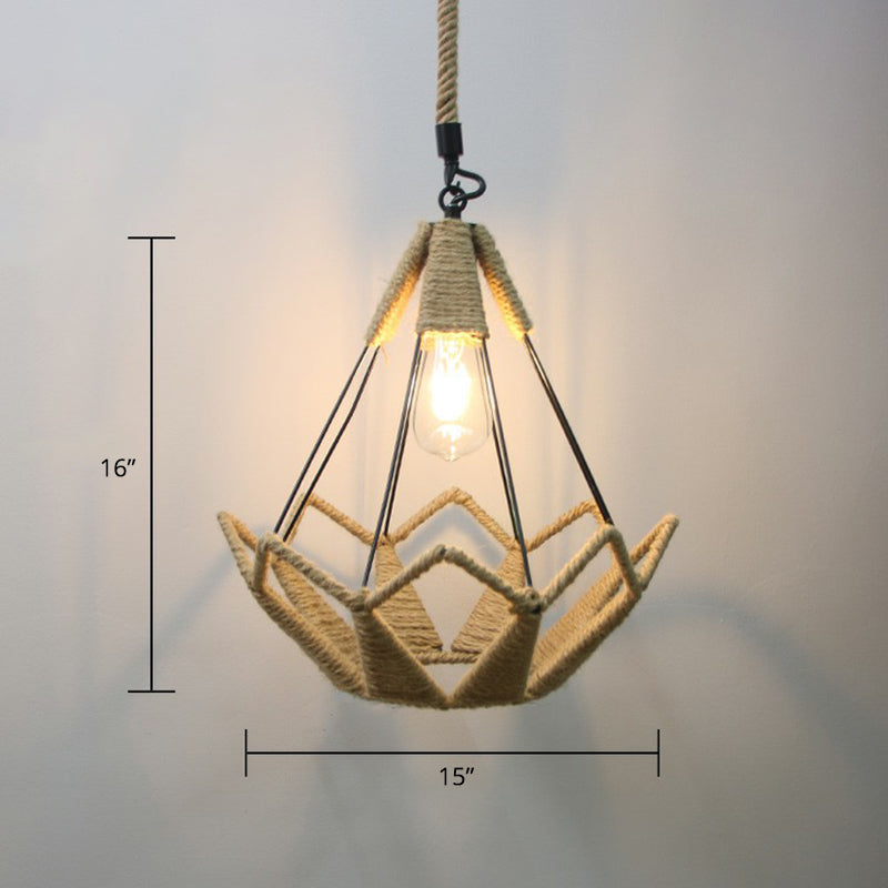 Hand-Wrapped Rope Caged Pendant Light Country Style 1 Bulb Restaurant Ceiling Lamp in Light Brown