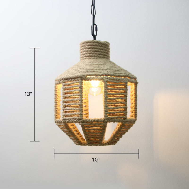 Hand-Wrapped Rope Caged Pendant Light Country Style 1 Bulb Restaurant Ceiling Lamp in Light Brown