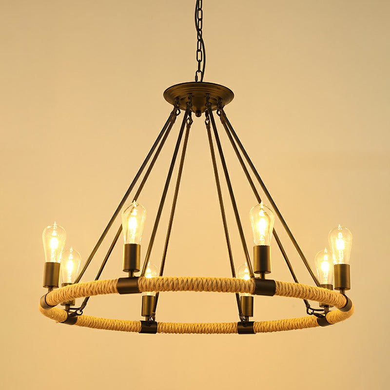 Manila Rope Chandelier Pendant Farmhouse Black Circular Restaurant Hanging Ceiling Light