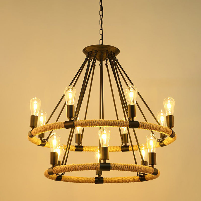 Manila Rope Chandelier Pendant Farmhouse Black Circular Restaurant Hanging Ceiling Light