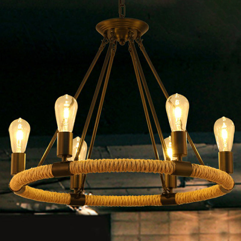 Manila Rope Chandelier Pendant Farmhouse Black Circular Restaurant Hanging Ceiling Light