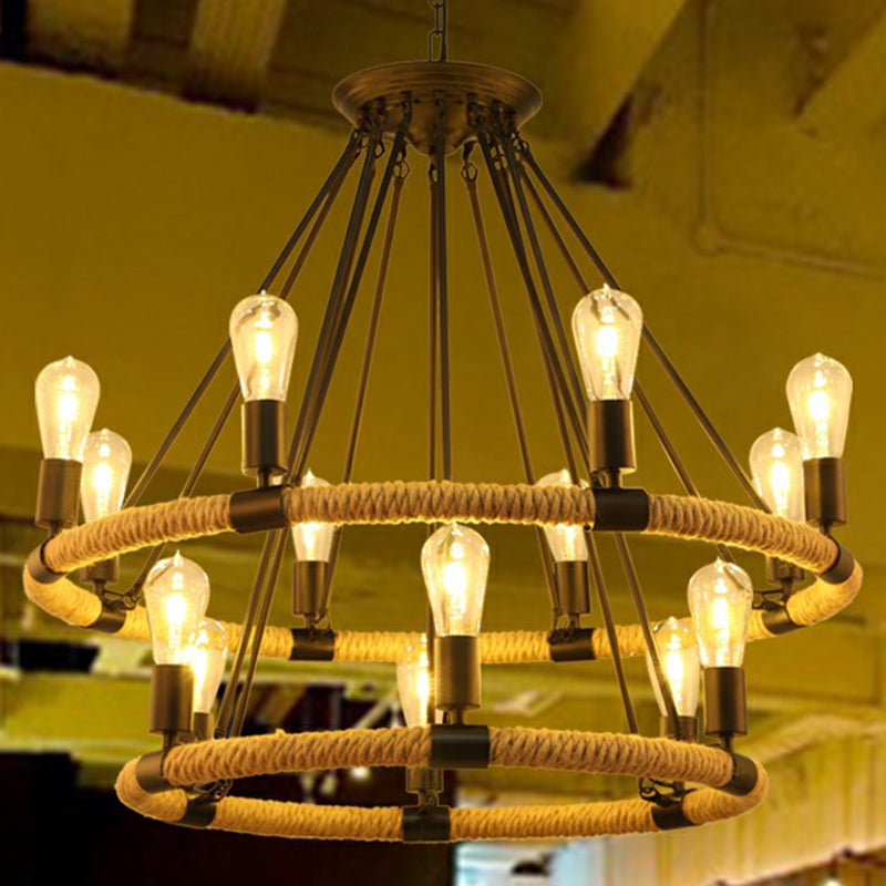 Manila Rope Chandelier Pendant Farmhouse Black Circular Restaurant Hanging Ceiling Light