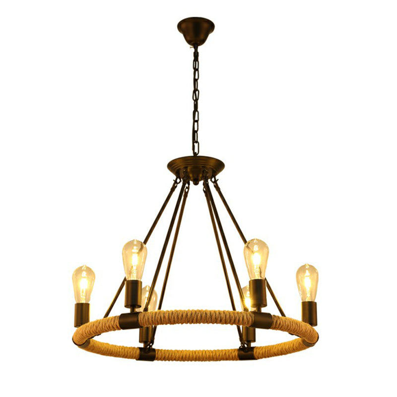 Manila Rope Chandelier Pendant Farmhouse Black Circular Restaurant Hanging Ceiling Light