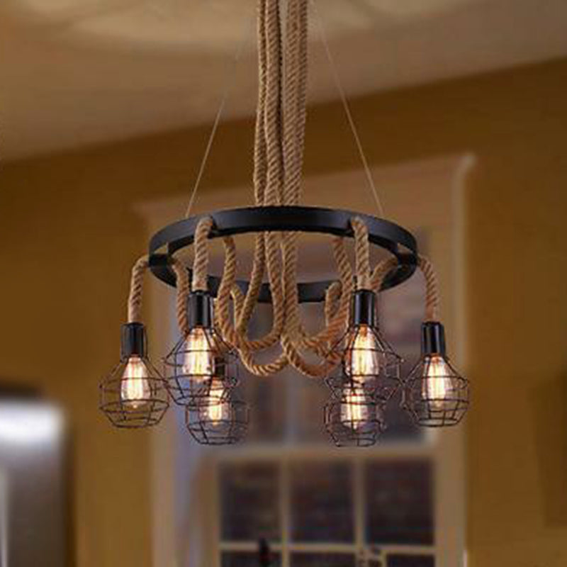 Black 6-Light Chandelier Industrial Iron Cage Pendant Light with Hemp Rope for Dining Room