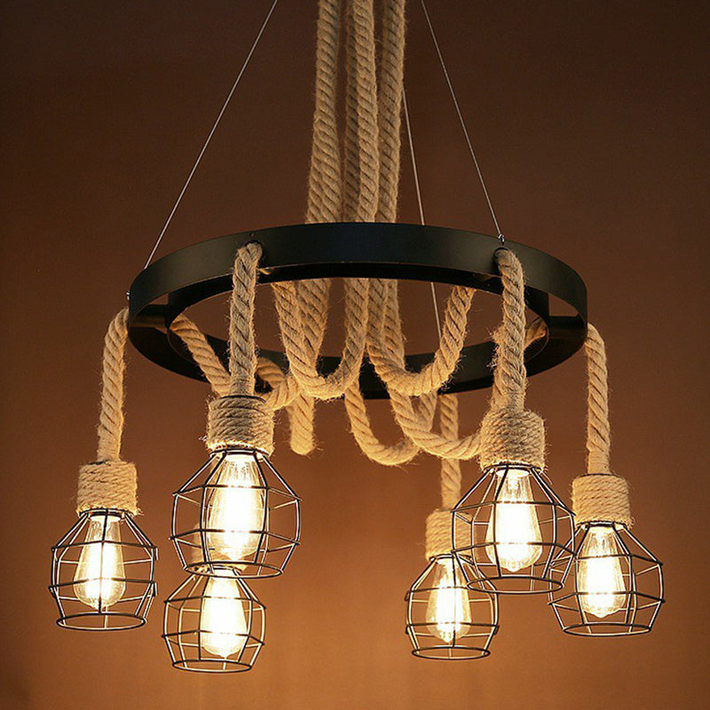 Black 6-Light Chandelier Industrial Iron Cage Pendant Light with Hemp Rope for Dining Room