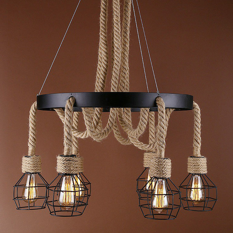 Black 6-Light Chandelier Industrial Iron Cage Pendant Light with Hemp Rope for Dining Room