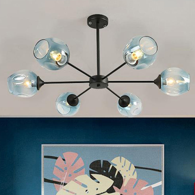 Modernist 3/6/8 Lights Hanging Chandelier Black/Chrome Sputnik Suspension Pendant with Blue/Amber Glass Shade