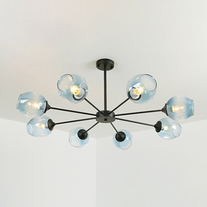 Modernist 3/6/8 Lights Hanging Chandelier Black/Chrome Sputnik Suspension Pendant with Blue/Amber Glass Shade