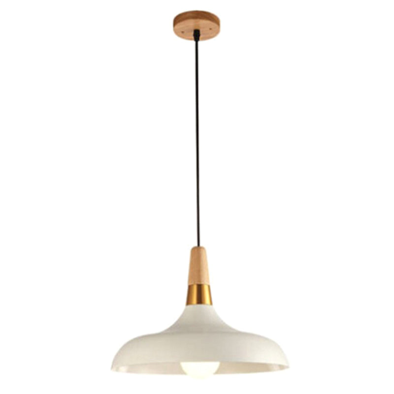 Nordic Pot-Lid Suspension Lighting Metallic Single Dining Room Drop Pendant with Wood Top