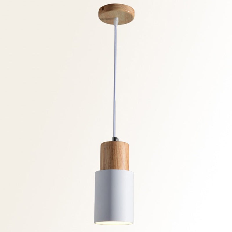 Tubular Bedside Pendant Spotlight Metal 1-Light Minimalist Hanging Lamp with Wooden Top