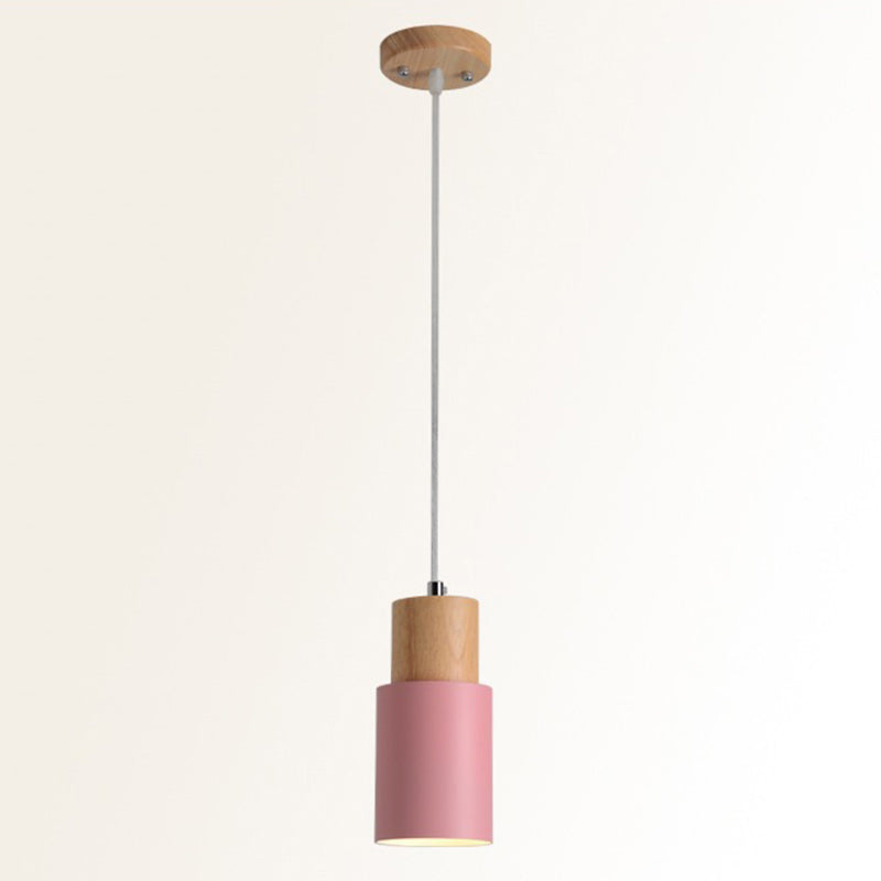 Tubular Bedside Pendant Spotlight Metal 1-Light Minimalist Hanging Lamp with Wooden Top