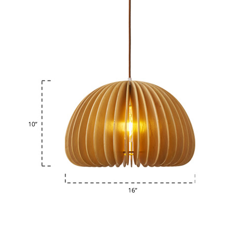 Asian Hemispherical Hanging Lamp Wooden Slat 1 Bulb Restaurant Ceiling Light in Beige