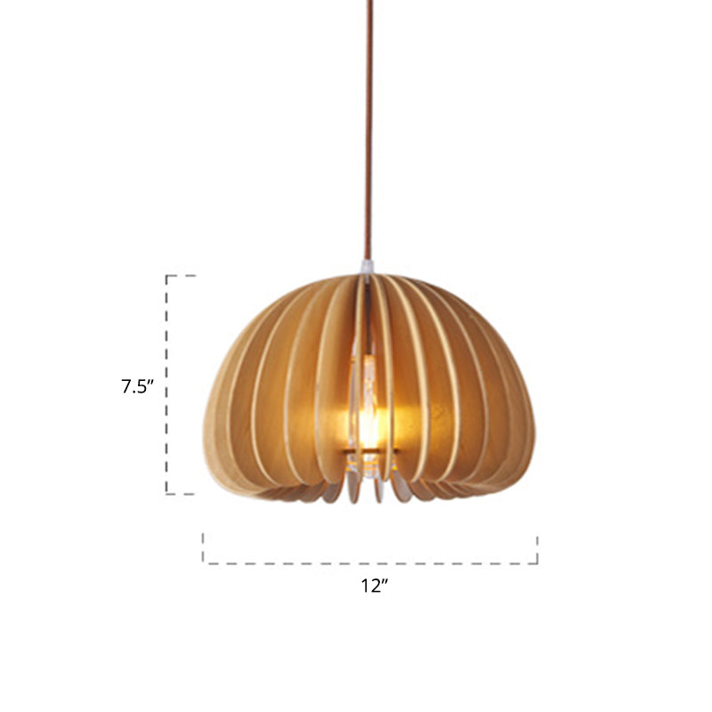 Asian Hemispherical Hanging Lamp Wooden Slat 1 Bulb Restaurant Ceiling Light in Beige