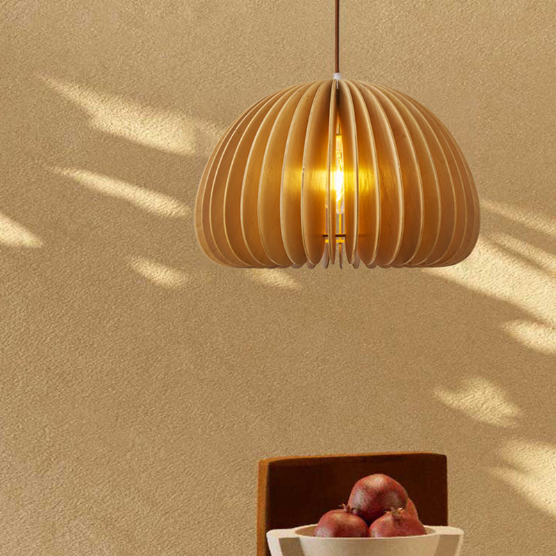 Asian Hemispherical Hanging Lamp Wooden Slat 1 Bulb Restaurant Ceiling Light in Beige