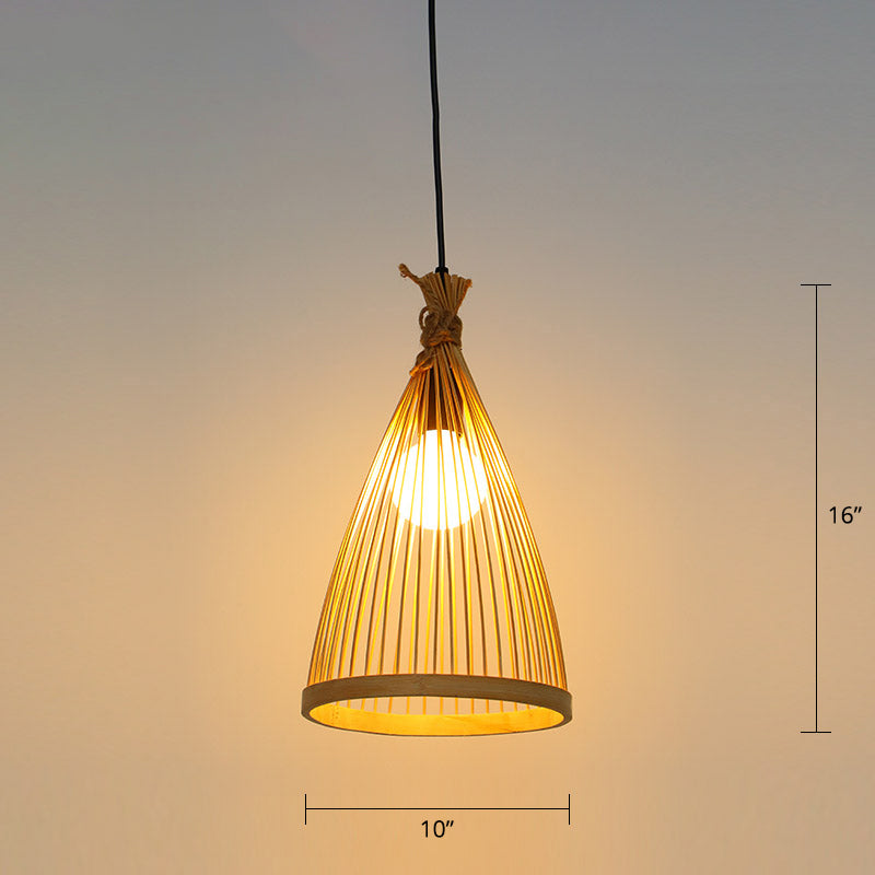 Conical Restaurant Drop Pendant Bamboo 1 Head Minimalist Hanging Ceiling Light with Cage Design