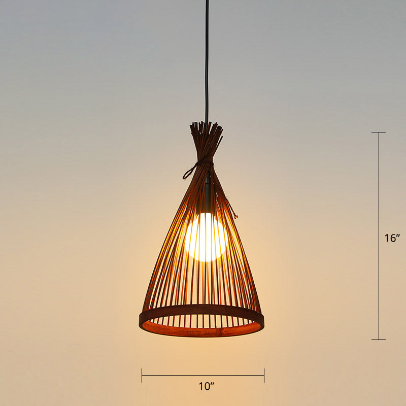 Conical Restaurant Drop Pendant Bamboo 1 Head Minimalist Hanging Ceiling Light with Cage Design