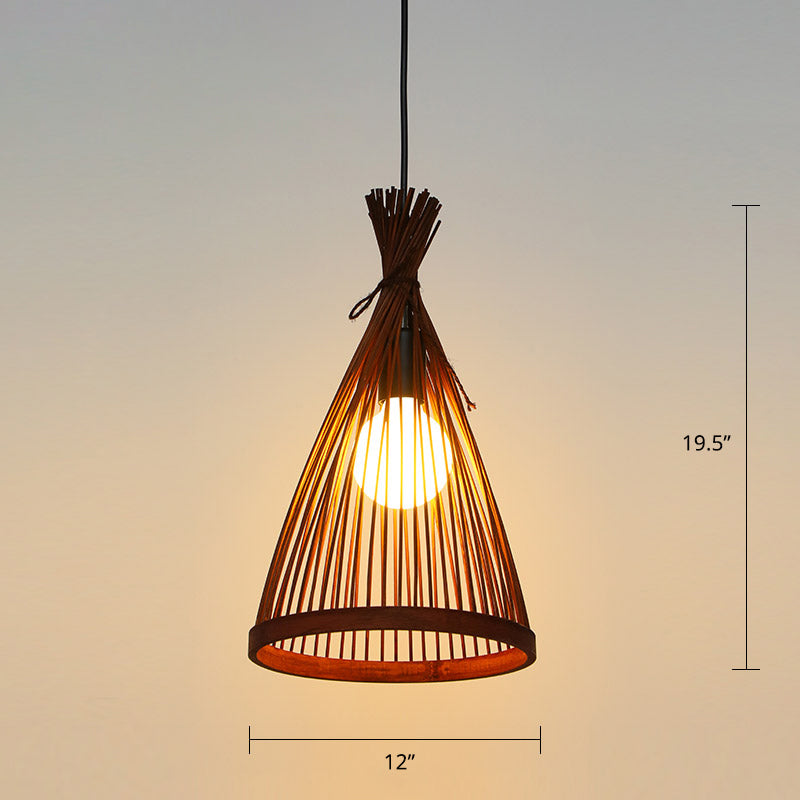 Conical Restaurant Drop Pendant Bamboo 1 Head Minimalist Hanging Ceiling Light with Cage Design