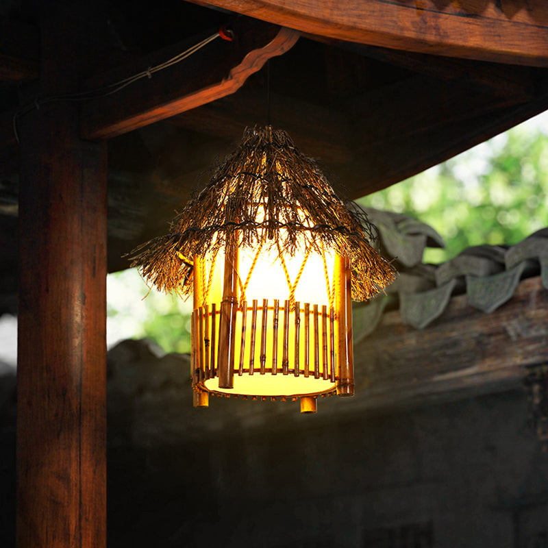 Lampada a sospensione a forma di casa asiatica in bambù ristorante a bulbo singolo appeso lampada