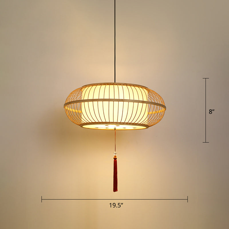 Lampada a soffitto a sospensione a ciposo tamburo Bamboo BEIGE Sospensione a 1 luce con nodo di nappe