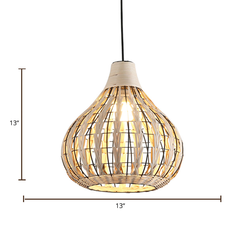 Beige Teardrop Suspension Lighting Asian 1 Bulb Rattan Pendant Lamp for Restaurant