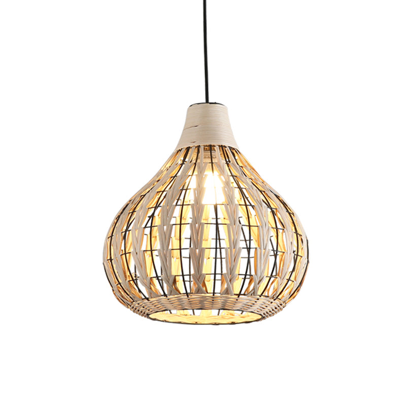 Beige Teardrop Suspension Lighting Asian 1 Bulb Rattan Pendant Lamp for Restaurant