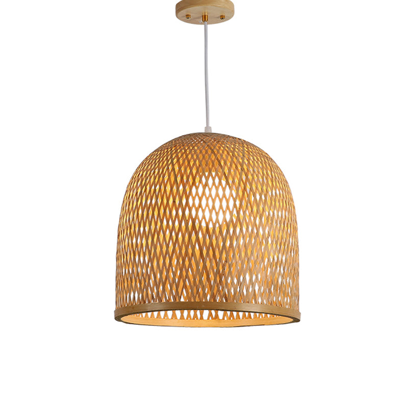 Light Brown Elongated Dome Pendant Light Fixture Nordic 1 Bulb Bamboo Ceiling Light for Restaurant