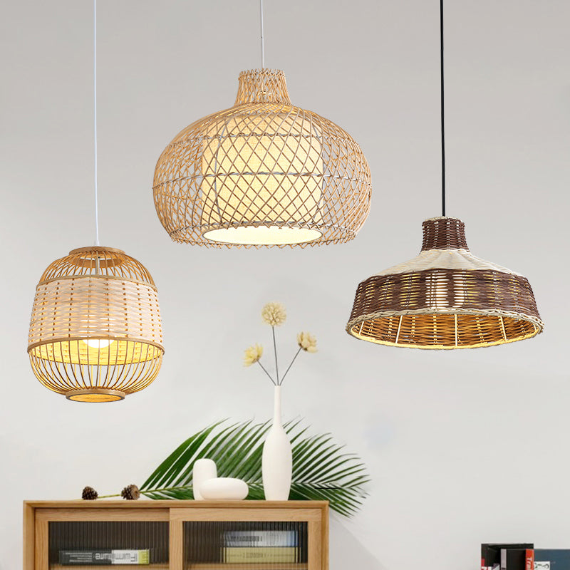 Cage Shade Dining Room Pendulum Light Bamboo Single Asian Style Ceiling Pendant Lamp