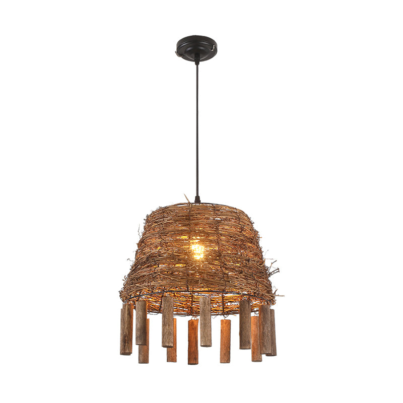 Rattan conico fustum appeso leggero paese a 1 bulba ciondolo a soffitto con bastoncini deco in marrone