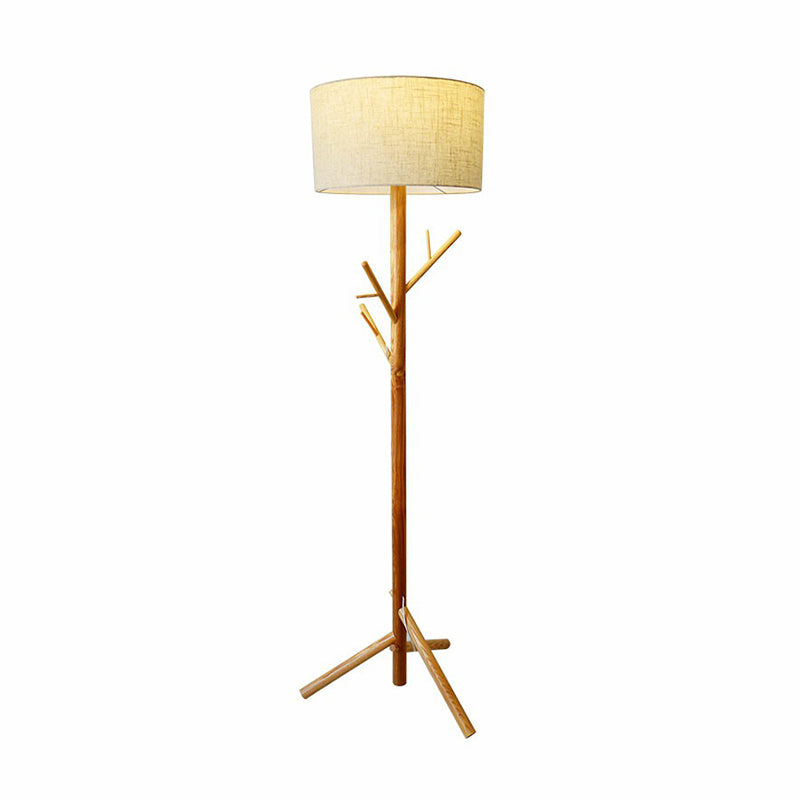 Flaxen Drum Stand Up Lamp Minimalist 1-Light Fabric Floor Light with Wooden Tripod and Coat Rack