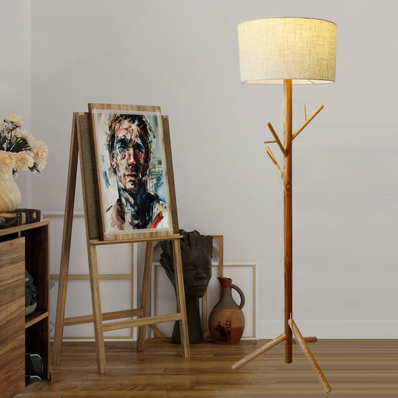 Flaxen Drum Stand Up Lamp Minimalist 1-Light Fabric Floor Light with Wooden Tripod and Coat Rack